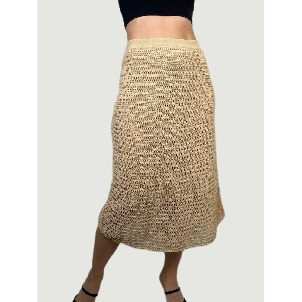 Vince‎ Tan Beige Crochet Open Knit Cotton Blend Midi Skirt Elastic Waist XS S